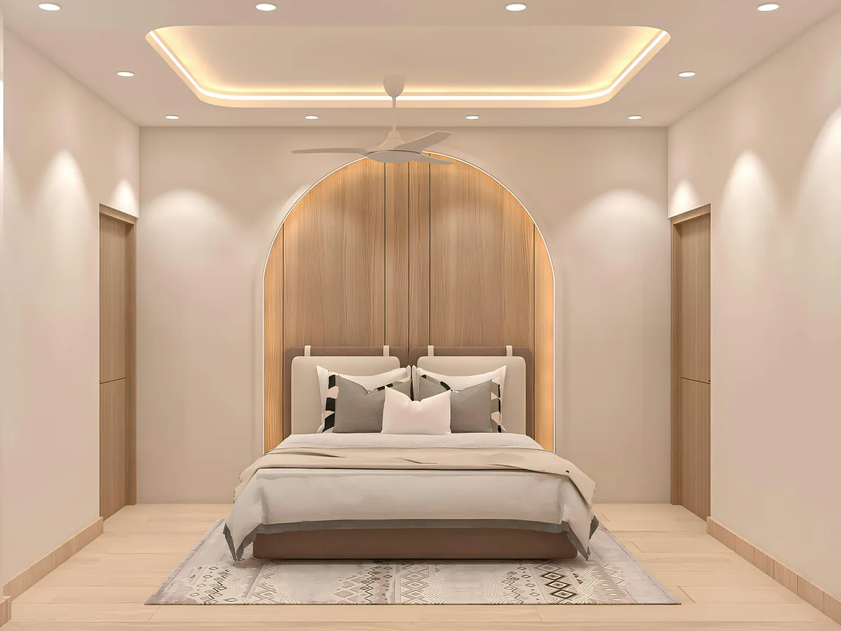 Design inspiration by Spl Interiors: a contemporary neutral bedroom in New Delhi; not an Ojas project.